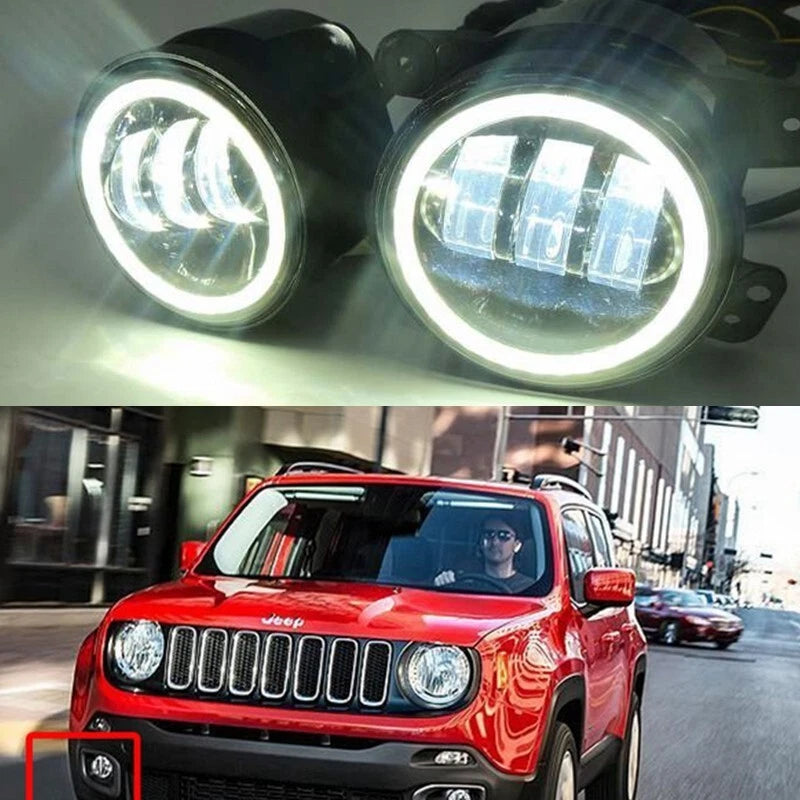 Pair 4" Inch Round LED Halo Fog Lights White DRL Lamp For Jeep Wrangler JK TJ LJ