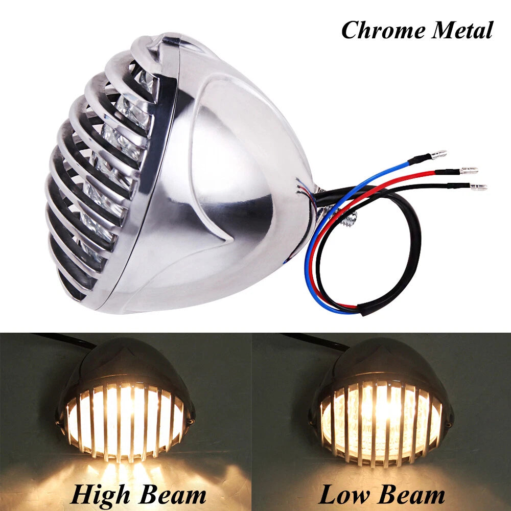 Motorcycle Amber Finned Grilled Headlight Lamp For Harley Bobber Chopper Cafe
