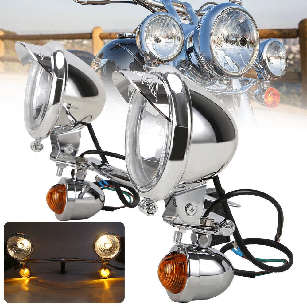 Chrome Driving Passing Turn Signals Spot Light Bar Fit For Harley Honda Chopper