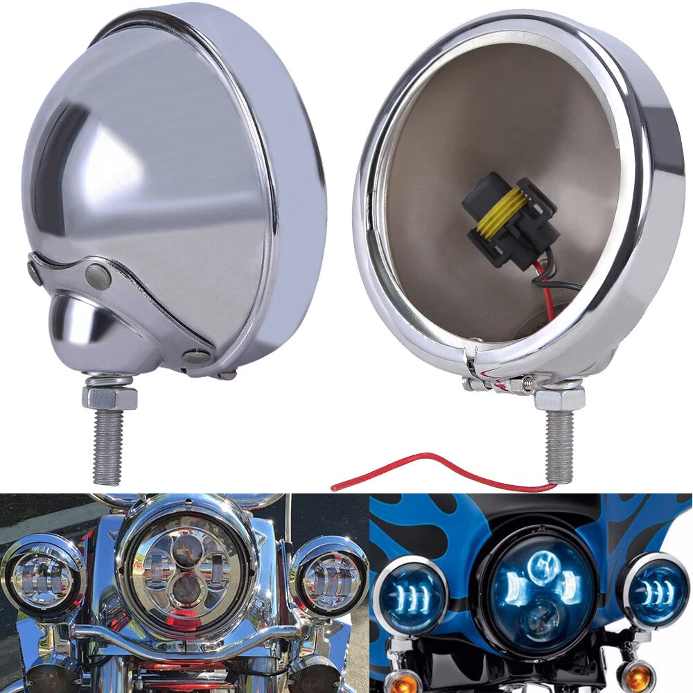 4.5" Inch Motorcycle LED Fog Passing Lights Auxiliary Lamp Chrome Housing Bucket