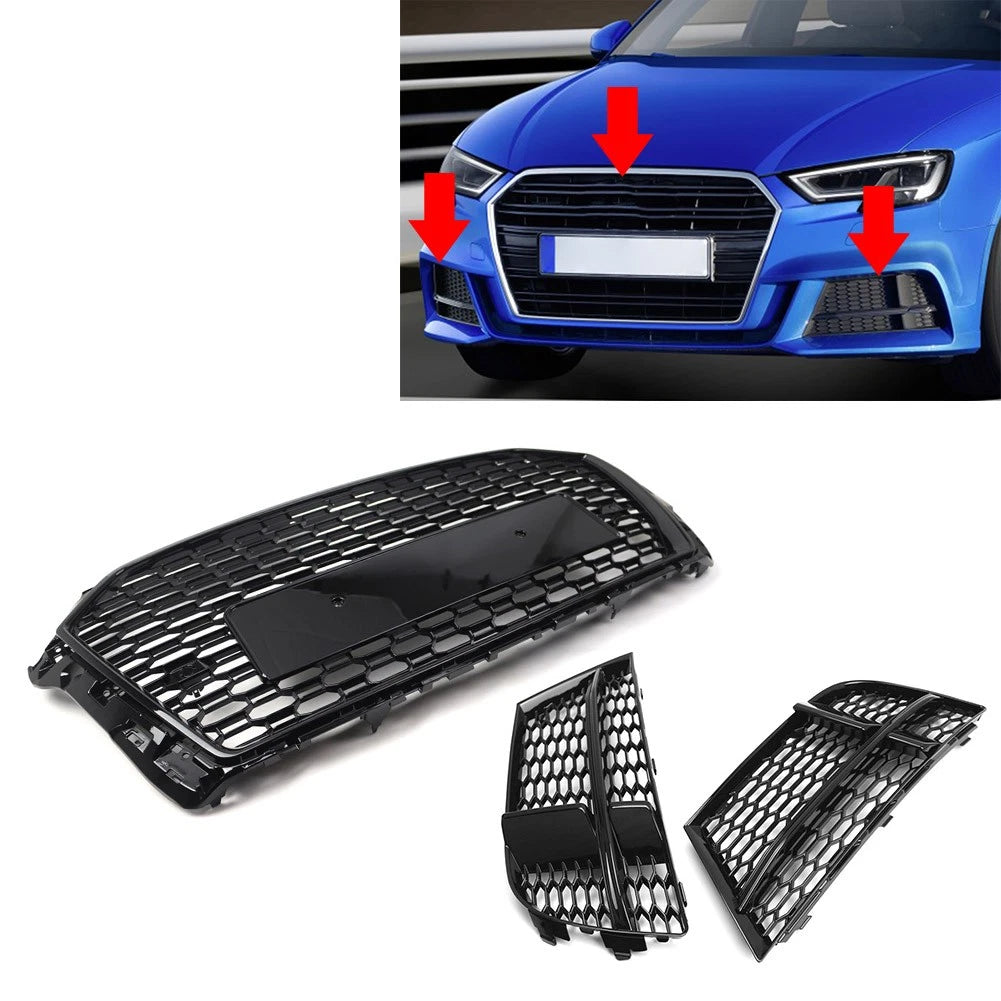 Front Honeycomb Grille With Fog Light Grille Cover Kit For Audi A3 2016-2019 US