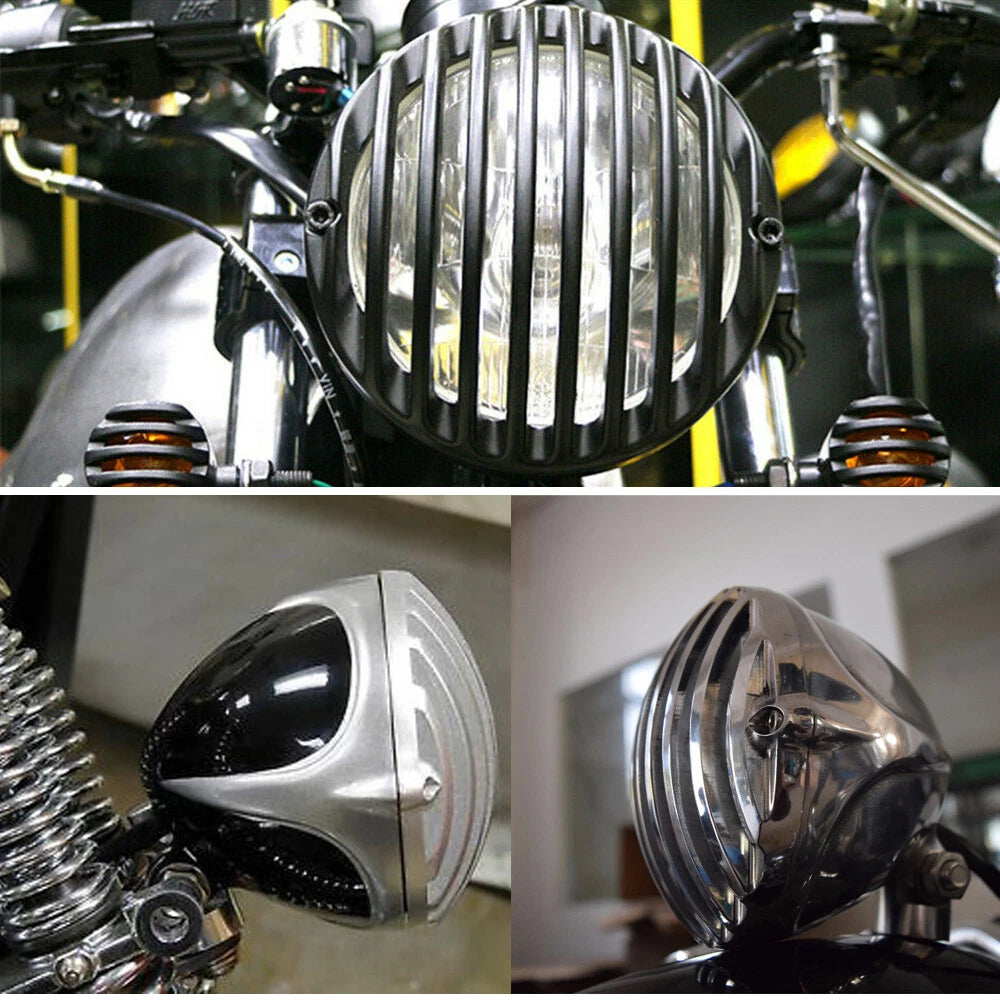 Chrome Headlight Finned Grill For Harley Motorcycle Bobber Cafe Racer Cruiser US