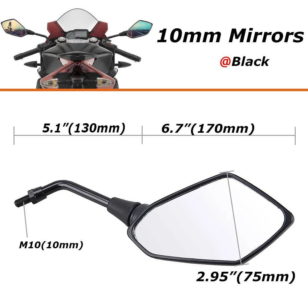 10mm Motorcycle Street Bike Rearview Side Mirrors for Kawasaki Suzuki Honda