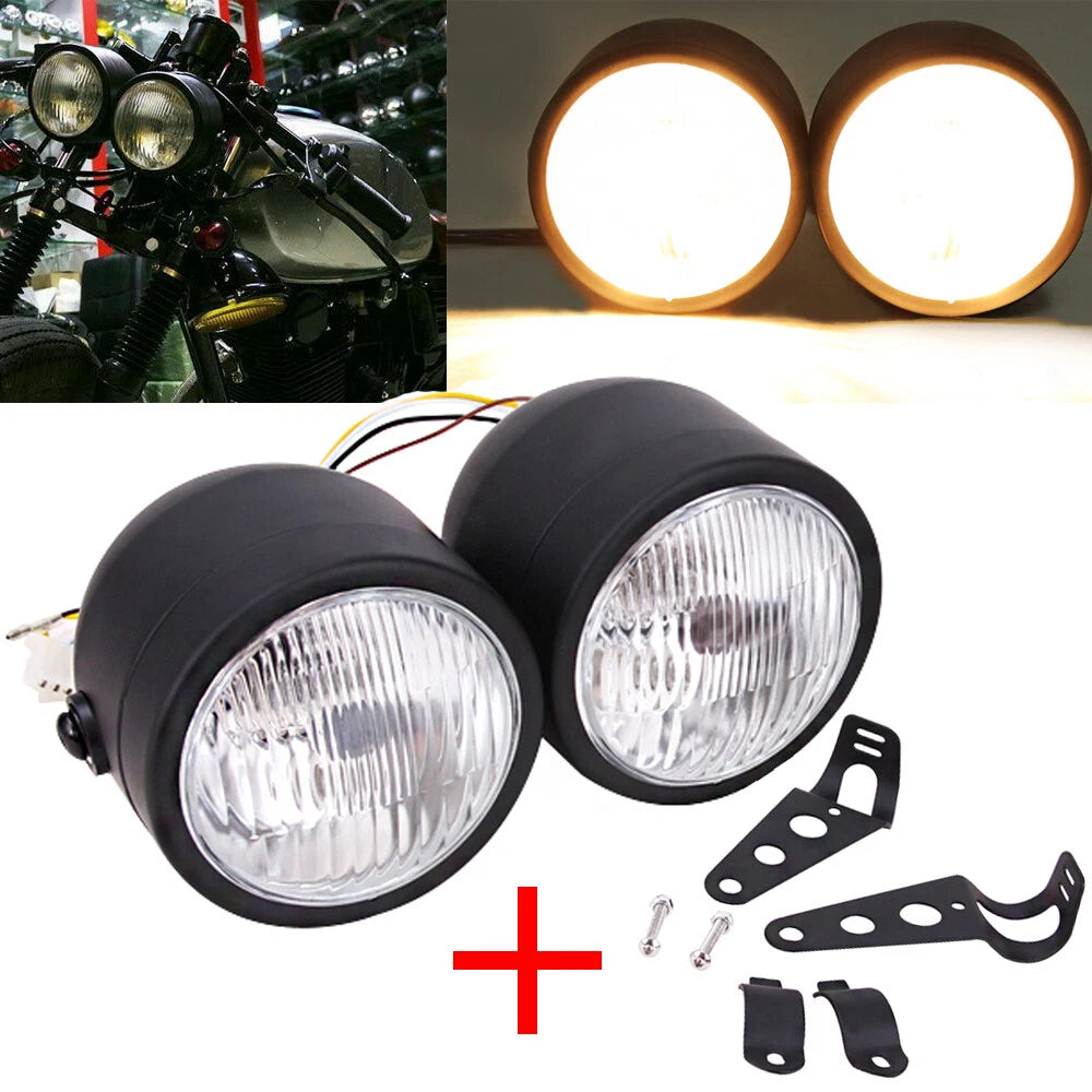 Motorcycle Twin Headlight Dual Light For Harley Street Cafe Racer Old School