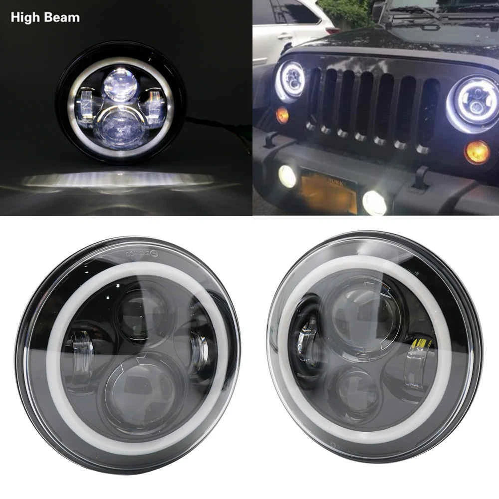 Pair 7" Inch Round LED Headlights Halo Angle Eyes For Jeep Wrangler JK LJ TJ CJ