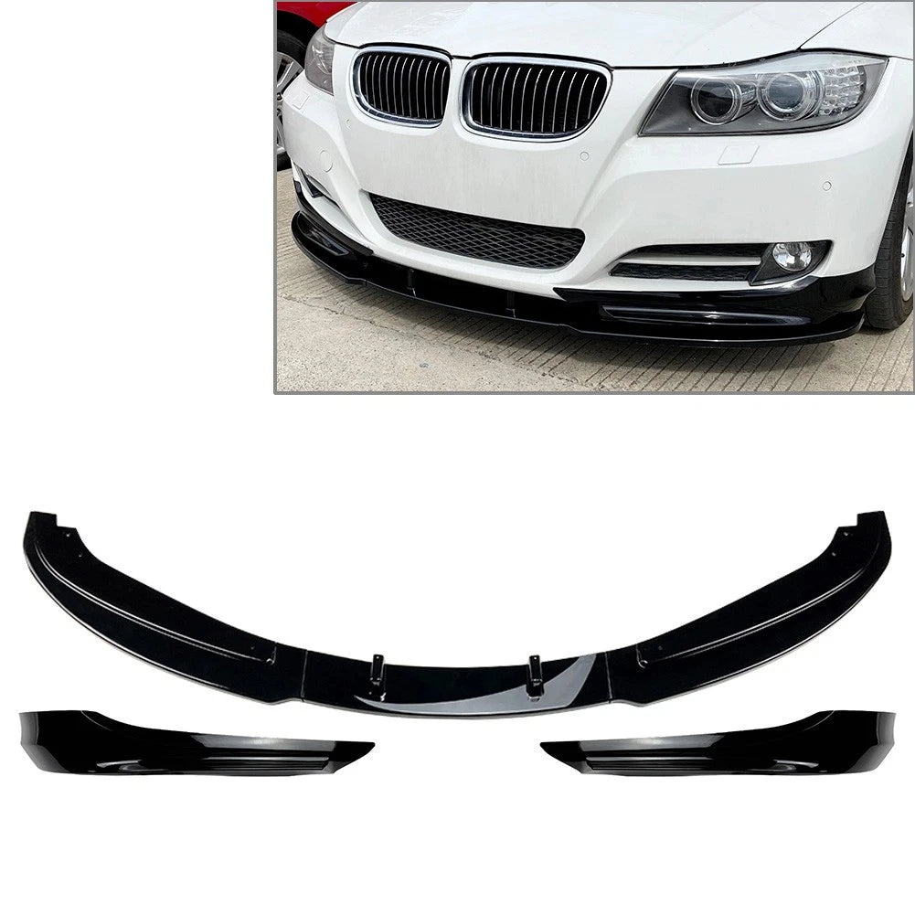 Front Bumper Spoiler Lip+Side Trim For BMW 3Series E90 4-Door Sedan Bright Black