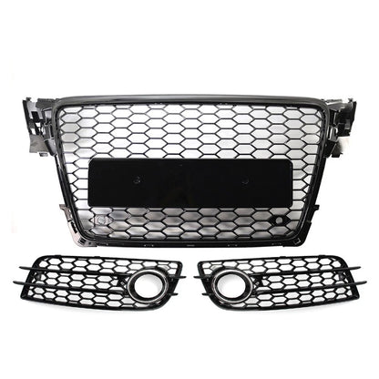 Honeycomb Front Bumper Grille Fog Light Grilles Set For Audi A4 09-12 Chrome&Blk