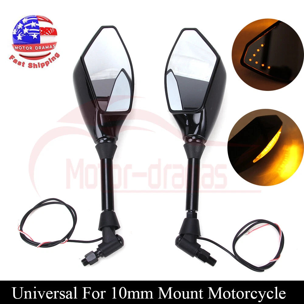 Motorcycle LED Turn Signal Integrated Indicator Light Rearview Side Mirrors 10mm