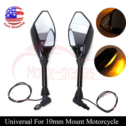 Motorcycle LED Turn Signal Integrated Indicator Light Rearview Side Mirrors 10mm
