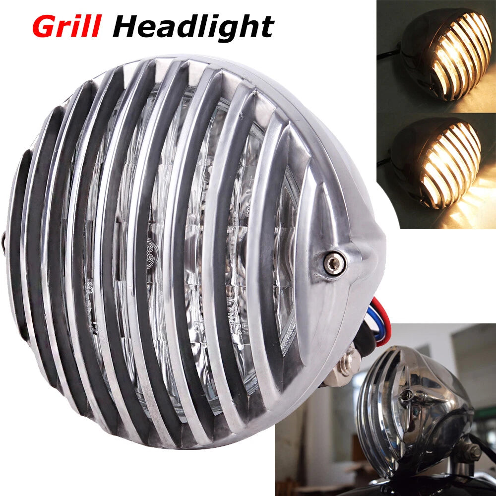Chrome Motorcycle Headlight Lamp Finned Grill For Harley Chopper Bobber Custom