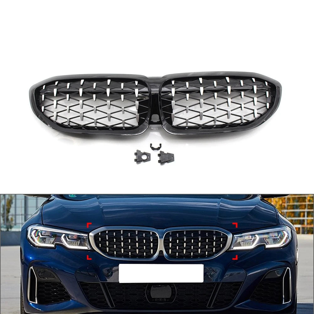 Pair Front Bumper Kidney Grill Diamond Grille For BMW 3 Series G20 G21 2019-2022