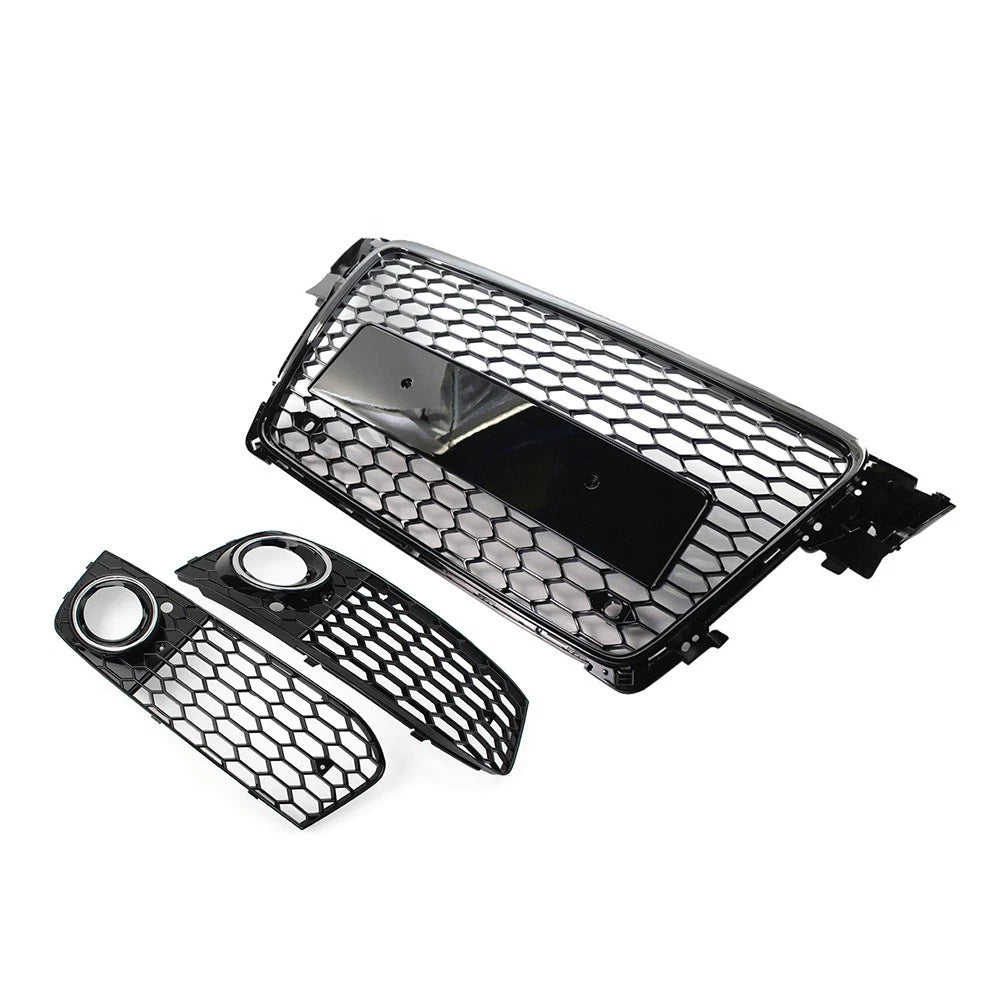 Front Honeycomb Grille Fog Light Covers Set For Audi A4 2009-12 Chrome and Black
