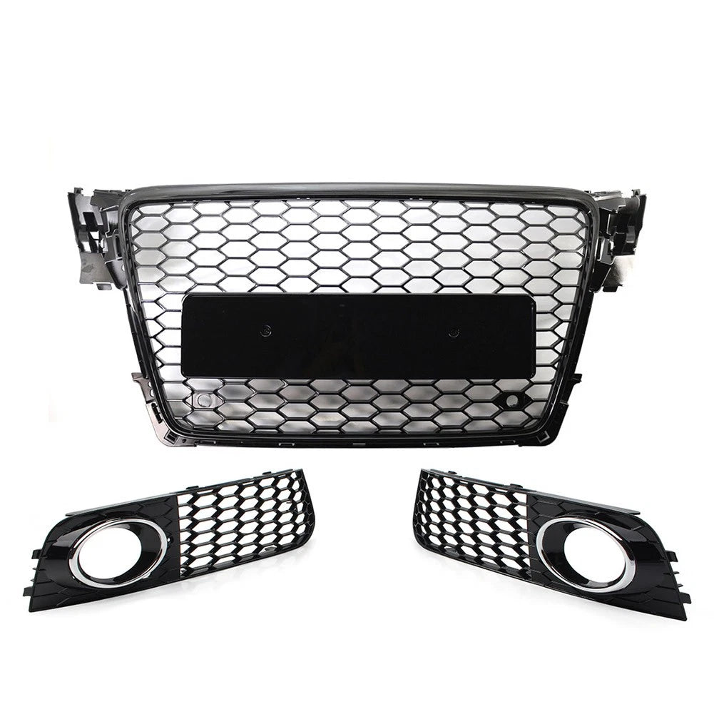 Front Honeycomb Grille Fog Light Covers Set For Audi A4 2009-12 Chrome and Black