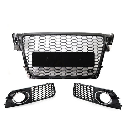 Front Honeycomb Grille Fog Light Covers Set For Audi A4 2009-12 Chrome and Black