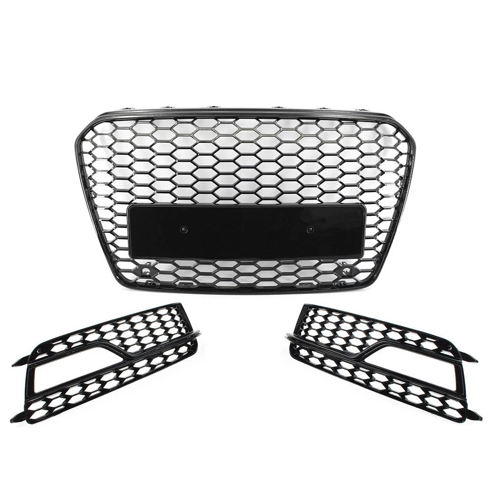 Black Front Bumper Honeycomb Grille Fog Light Grill Set For Audi A5 S5 2013-2017