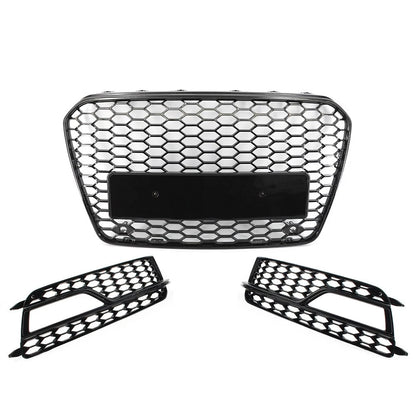 Black Front Bumper Honeycomb Grille Fog Light Grill Set For Audi A5 S5 2013-2017