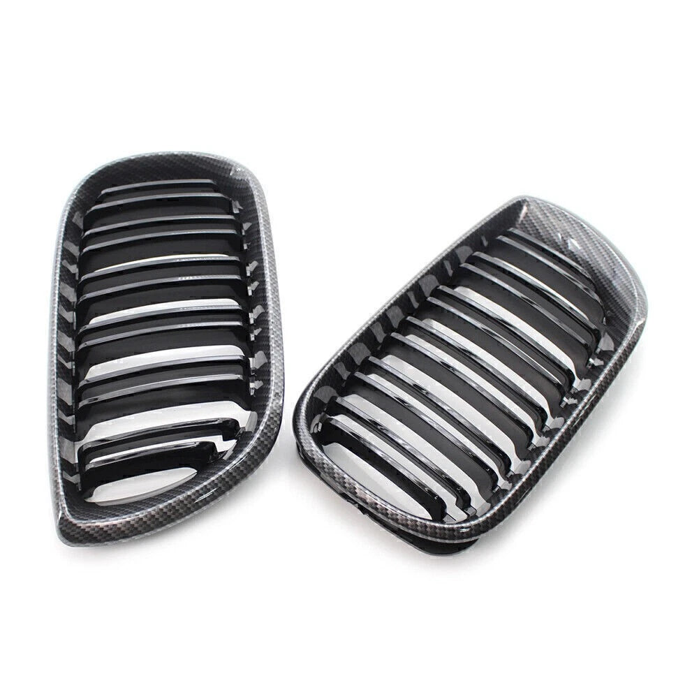 Front Kidney Grille Grill Double Slat For BMW E46 Sedan 02-05 Carbon Fiber Black