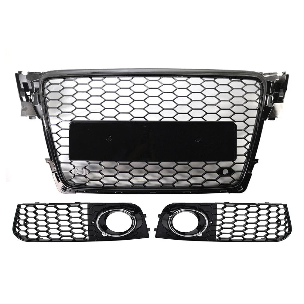 Front Honeycomb Grille Fog Light Covers Set For Audi A4 2009-12 Chrome and Black