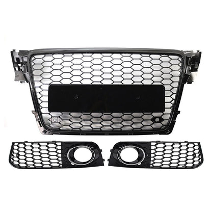 Front Honeycomb Grille Fog Light Covers Set For Audi A4 2009-12 Chrome and Black