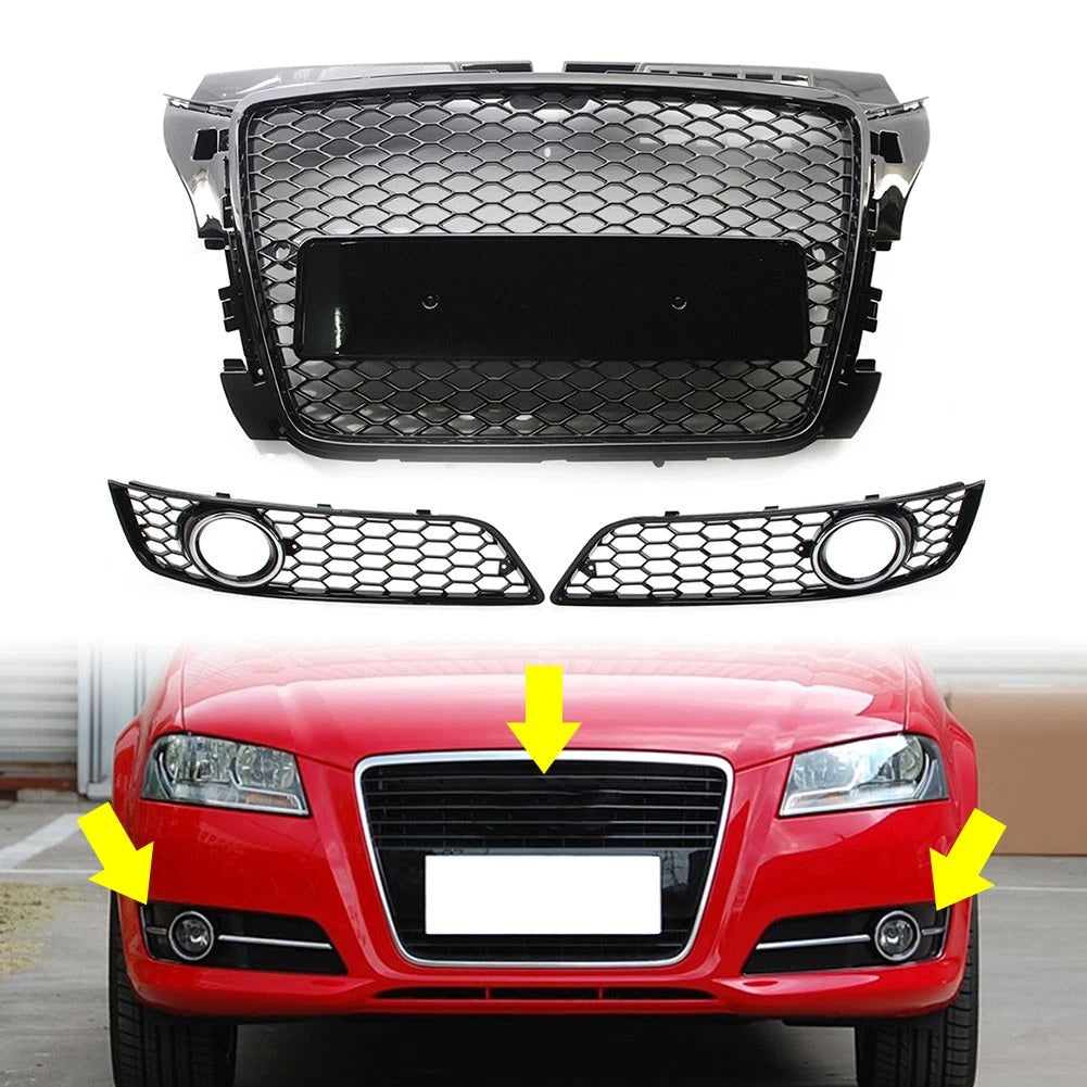 Glossy Black ABS Fog Light Cover Front Bumper Grille Set For Audi A3 8P 2009-12