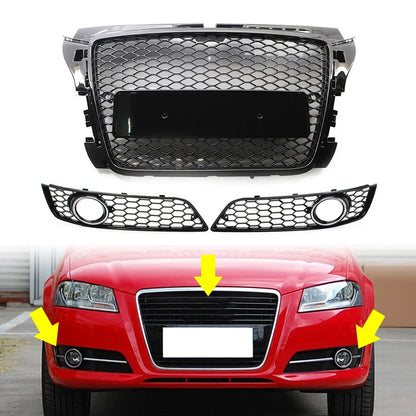 Glossy Black ABS Fog Light Cover Front Bumper Grille Set For Audi A3 8P 2009-12