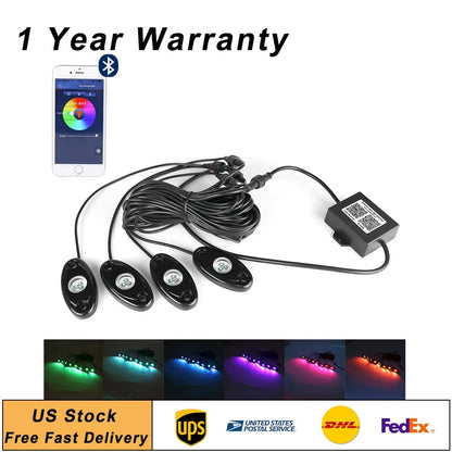 Pods RGB LED Rock Light Offroad Wireless Bluetooth Remote Controller Lamp 4PCS