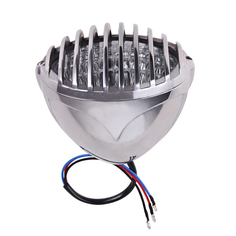 Chrome Headlight Lamp Finned Grill For Harley Chopper Bobber Cafe Racer Cruiser