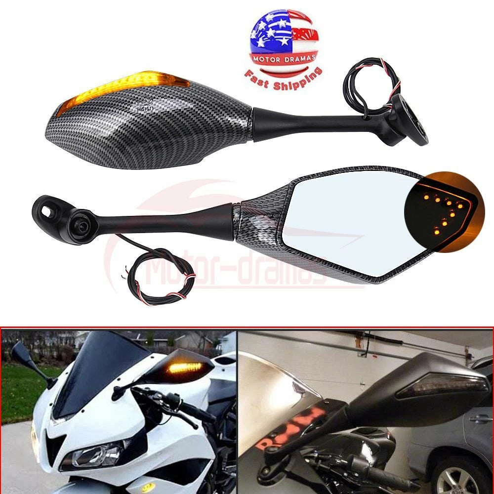 Carbon Fiber Motorcycle LED Blinker Turn Signal Light Rearview Mirrors Universal