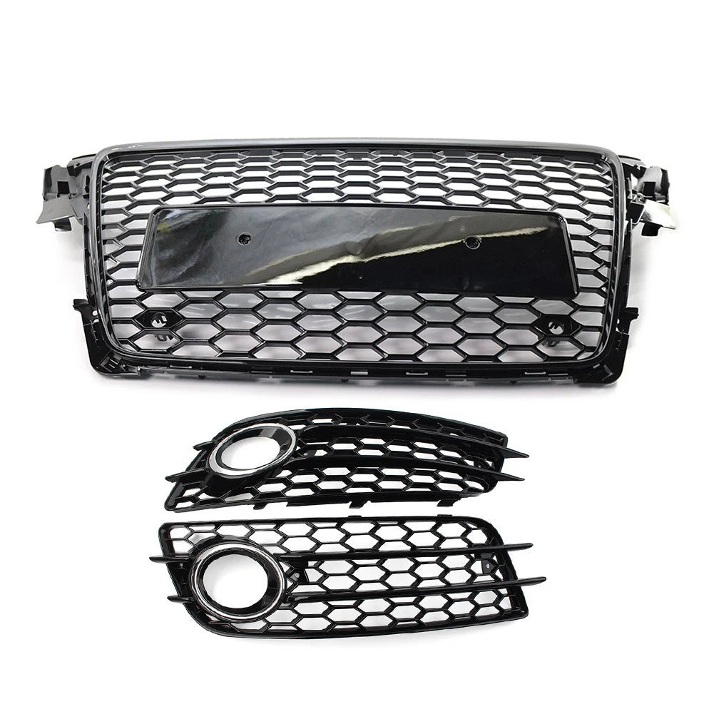 Honeycomb Front Bumper Grille Fog Light Grilles Set For Audi A4 09-12 Chrome&Blk