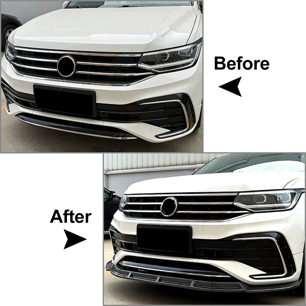 Front Bumper Spoiler Lip For Volkswagen Tiguan Rline 2021-23 Carbon Fiber Black
