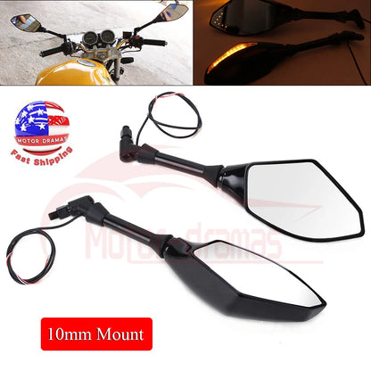 Motorcycle LED Turn Signal Integrated Indicator Light Rearview Side Mirrors 10mm