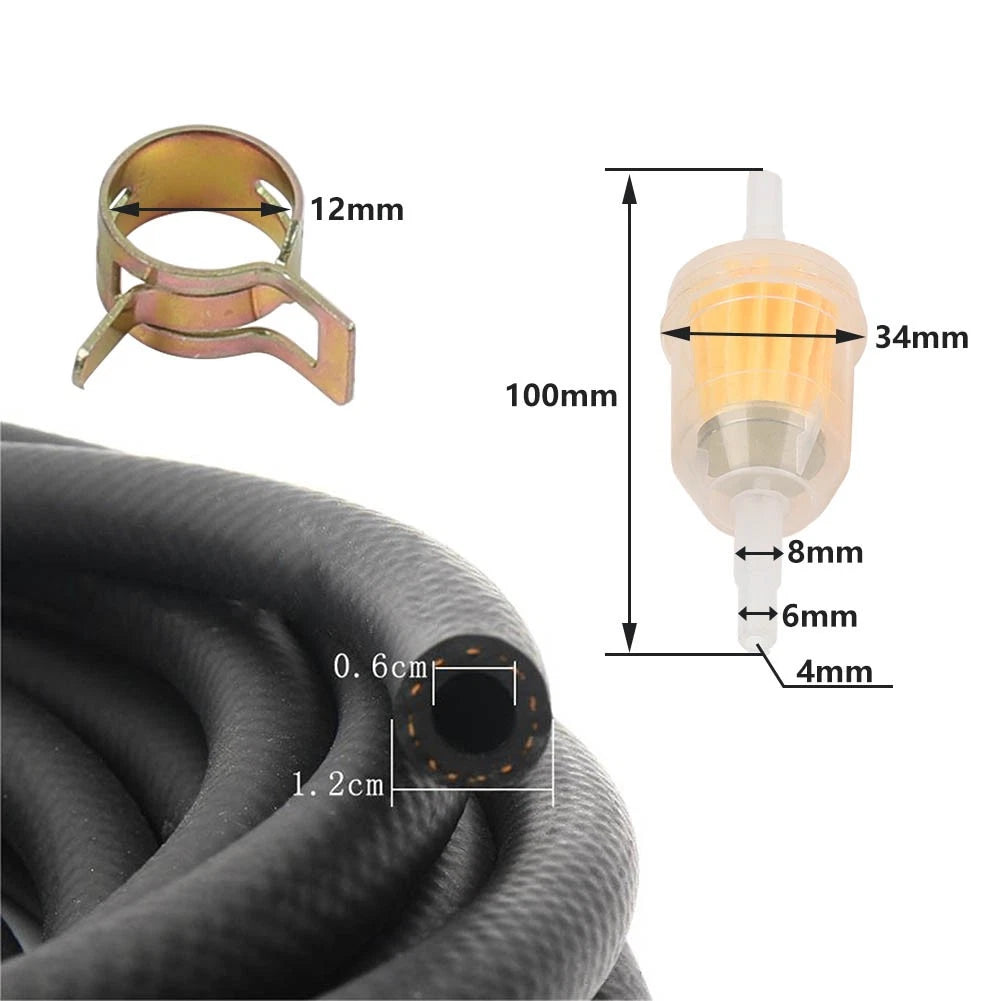 6Feet 1/4" ID Motor Gas Fuel Line Tubing + 10Pcs Hose Clamps with Fuel Filter