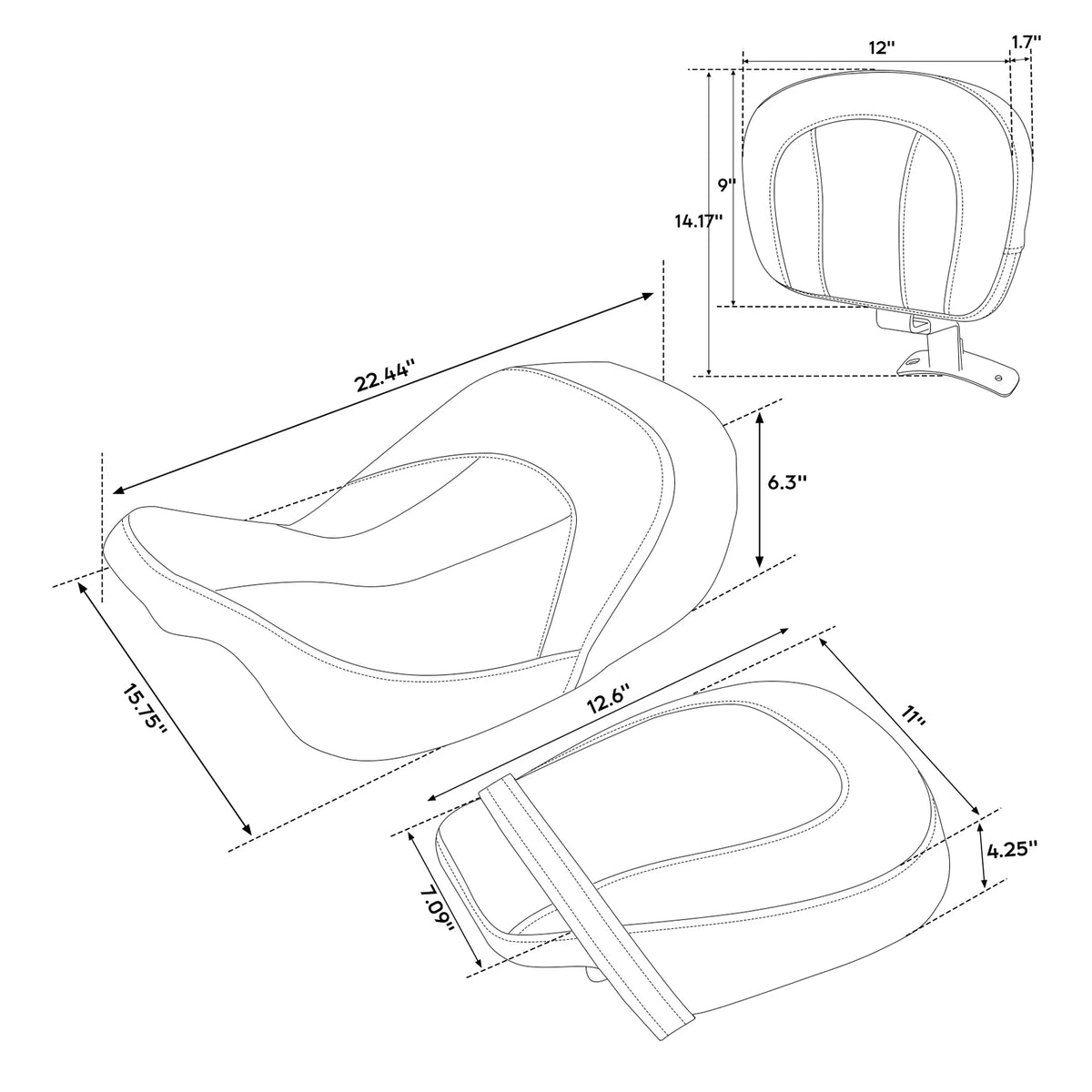 Driver Passenger Seat Rider Backrest Pad Fit For Harley Touring 2009-2023 Black