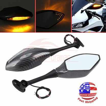 Carbon Fiber Motorcycle LED Blinker Turn Signal Light Rearview Mirrors Universal