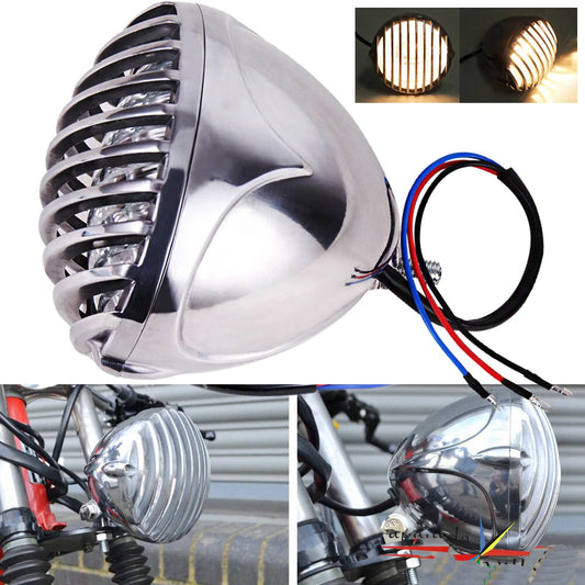 Chrome Motorcycle Headlight Lamp Finned Grill For Harley Chopper Bobber Custom