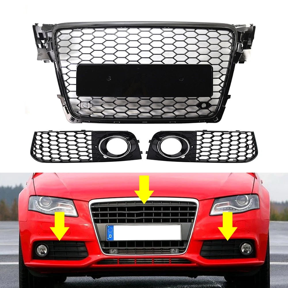 Front Honeycomb Grille Fog Light Covers Set For Audi A4 2009-12 Chrome and Black