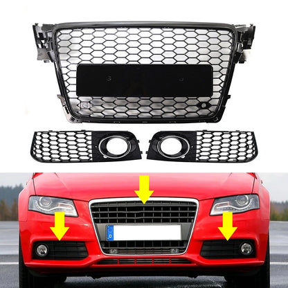 Front Honeycomb Grille Fog Light Covers Set For Audi A4 2009-12 Chrome and Black