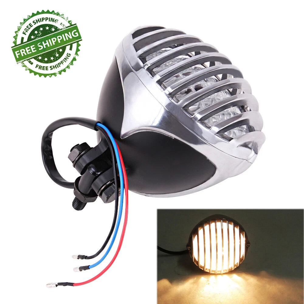 Black Chrome Headlight Finned Prison Grill For Harley Chopper Bobber Cafe Racer