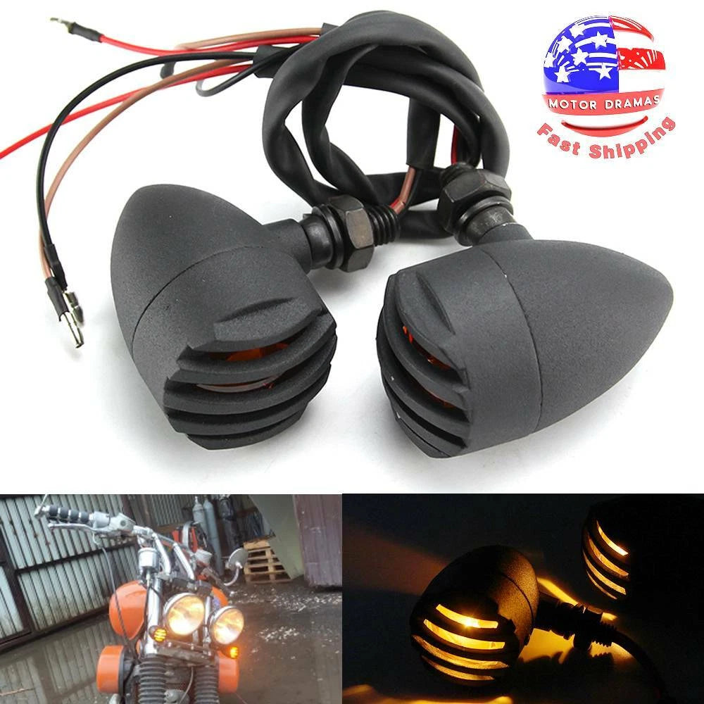 BLACK GRILL BULLET MOTORCYCLE TURN SIGNAL INDICATOR LIGHTS BLINKER FOR HARLEY A