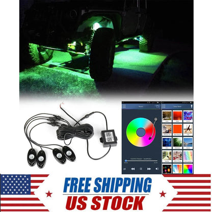Pods RGB LED Rock Light Offroad Wireless Bluetooth Remote Controller Lamp 4PCS