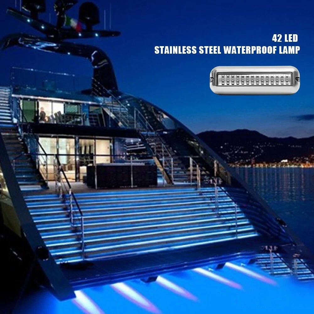 2PCS Blue 42LED Marine Boat Transom Lights Stainless Steel Underwater Pontoon