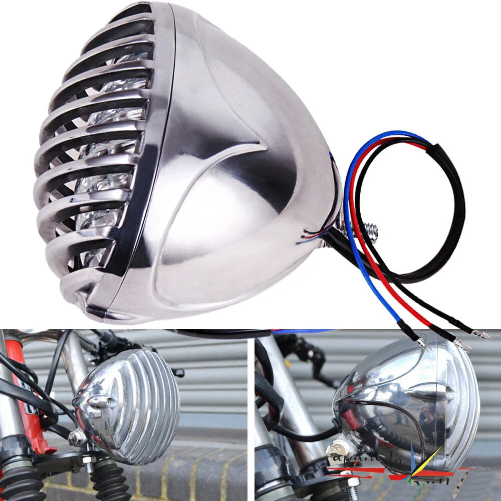 Chrome Headlight Lamp Finned Grill For Harley Chopper Bobber Cafe Racer Cruiser