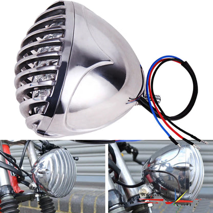 Chrome Headlight Lamp Finned Grill For Harley Chopper Bobber Cafe Racer Cruiser