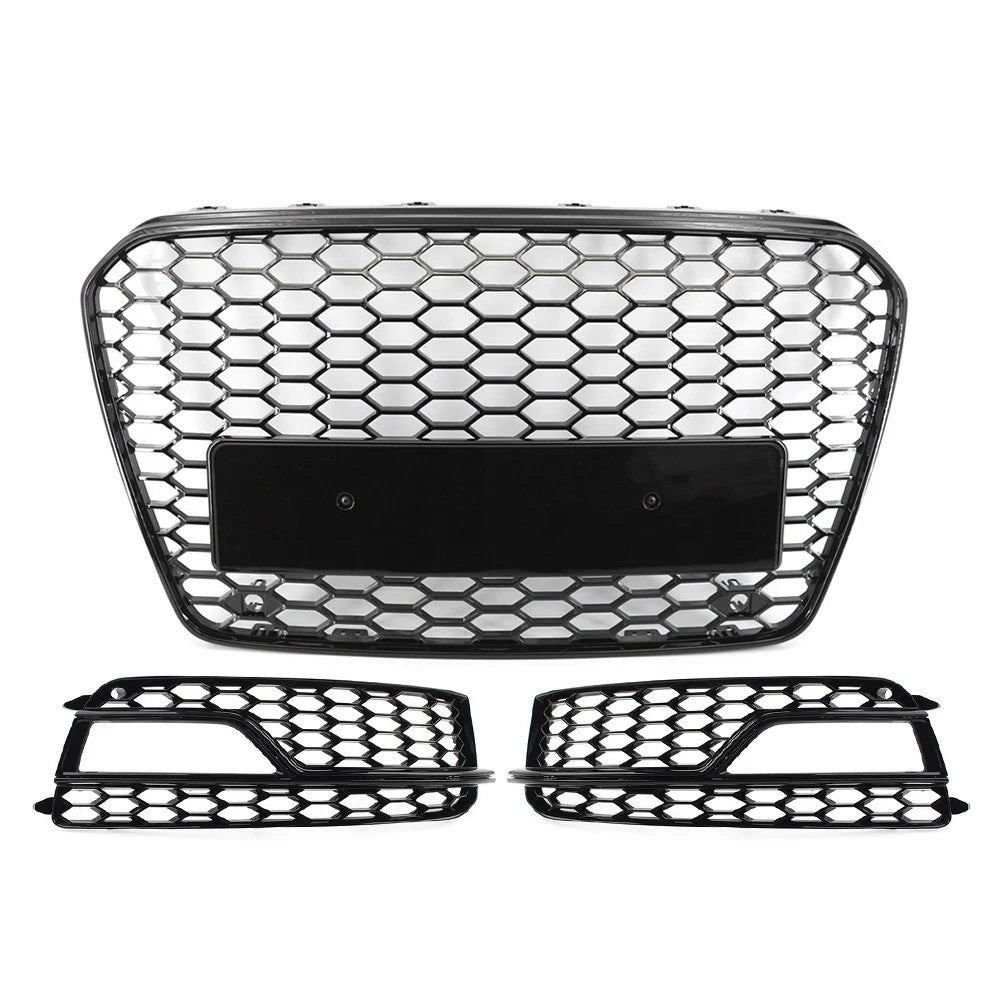 Black Front Bumper Honeycomb Grille Fog Light Grill Set For Audi A5 S5 2013-2017