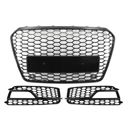 Black Front Bumper Honeycomb Grille Fog Light Grill Set For Audi A5 S5 2013-2017