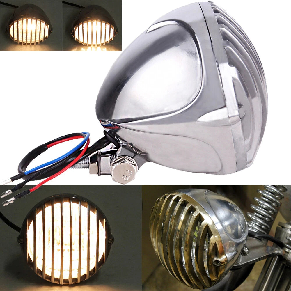 Chrome Headlight Lamp Finned Grill For Harley Chopper Bobber Cafe Racer Cruiser