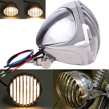 Chrome Headlight Lamp Finned Grill For Harley Chopper Bobber Cafe Racer Cruiser