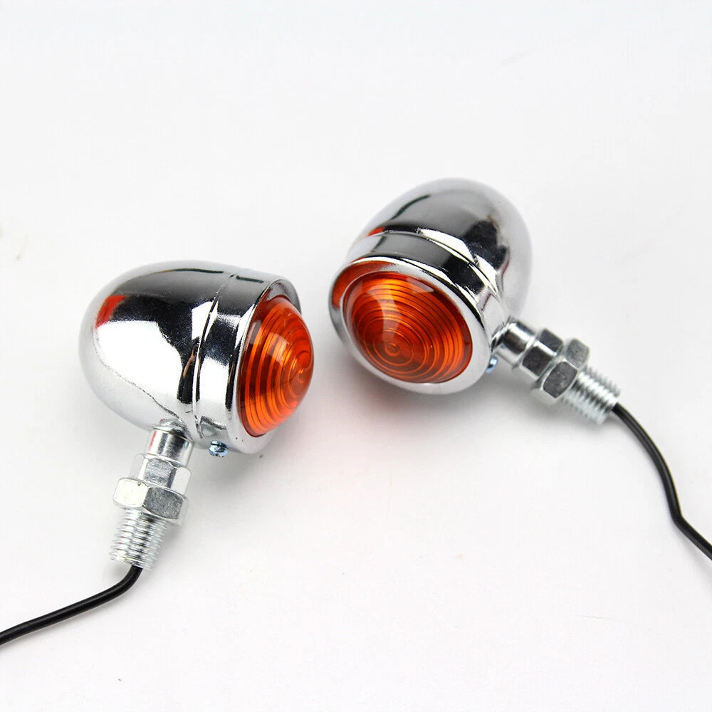 4PCS Vintage Motorcycle Tail Turn Signals Lights Amber Chrome Bullet For Harley