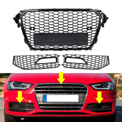 Front Honeycomb Bumper Grille Fog Light Covers Set For Audi A4 S4 2013-2015
