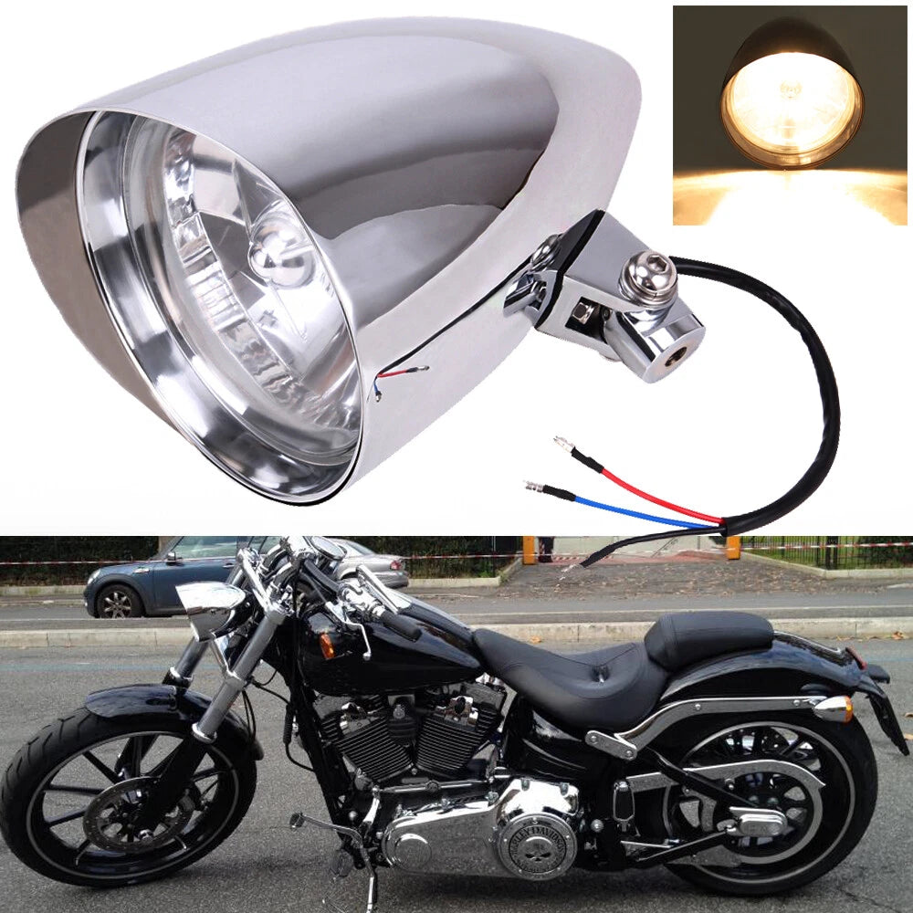 5.75" 5 3/4" Chrome Motorcycle Bullet Headlight Bucket Visor Tri-Bar For Harley